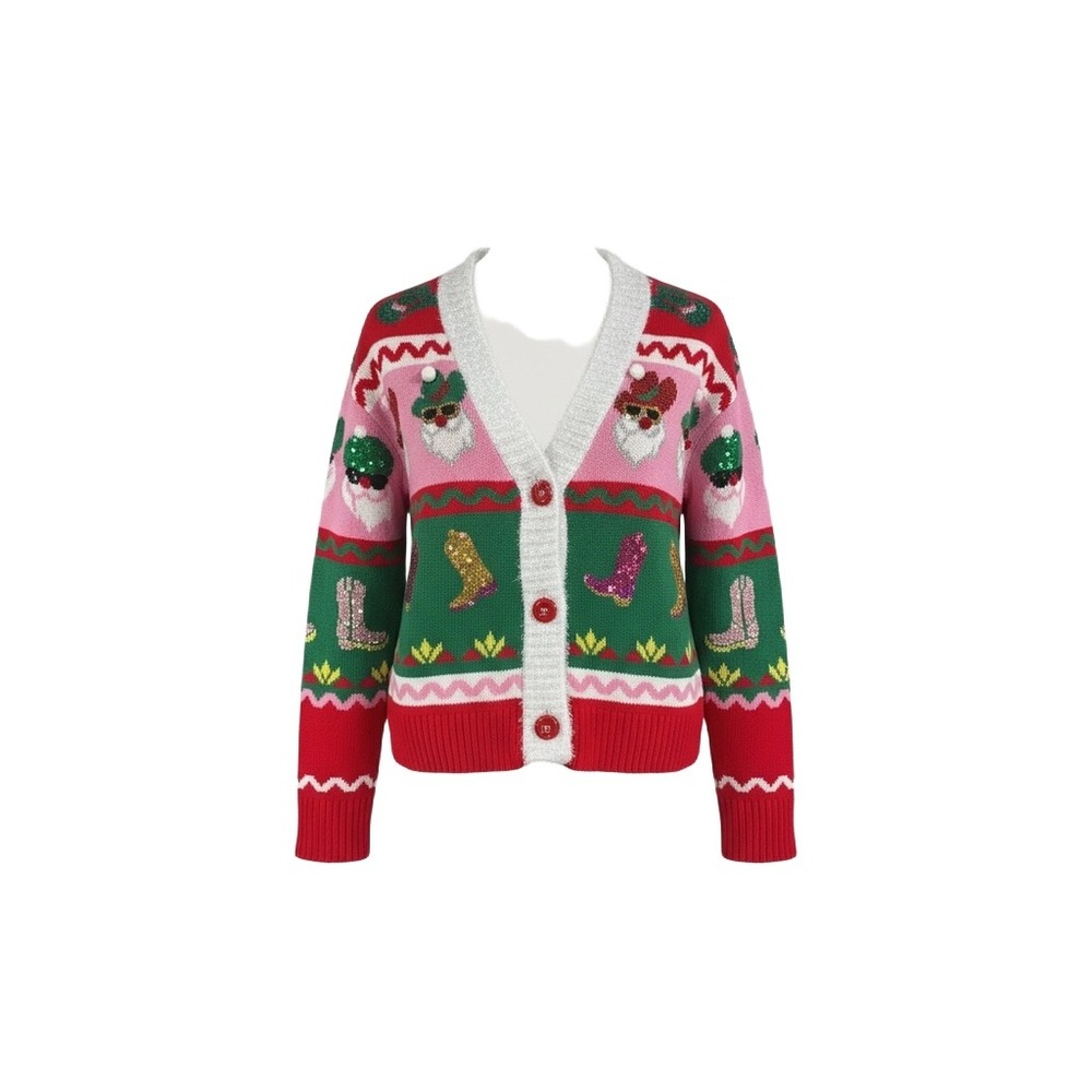 Holiday Time Western Santa Cowboy Boot Christmas Cardigan Sweater Red Pink Small